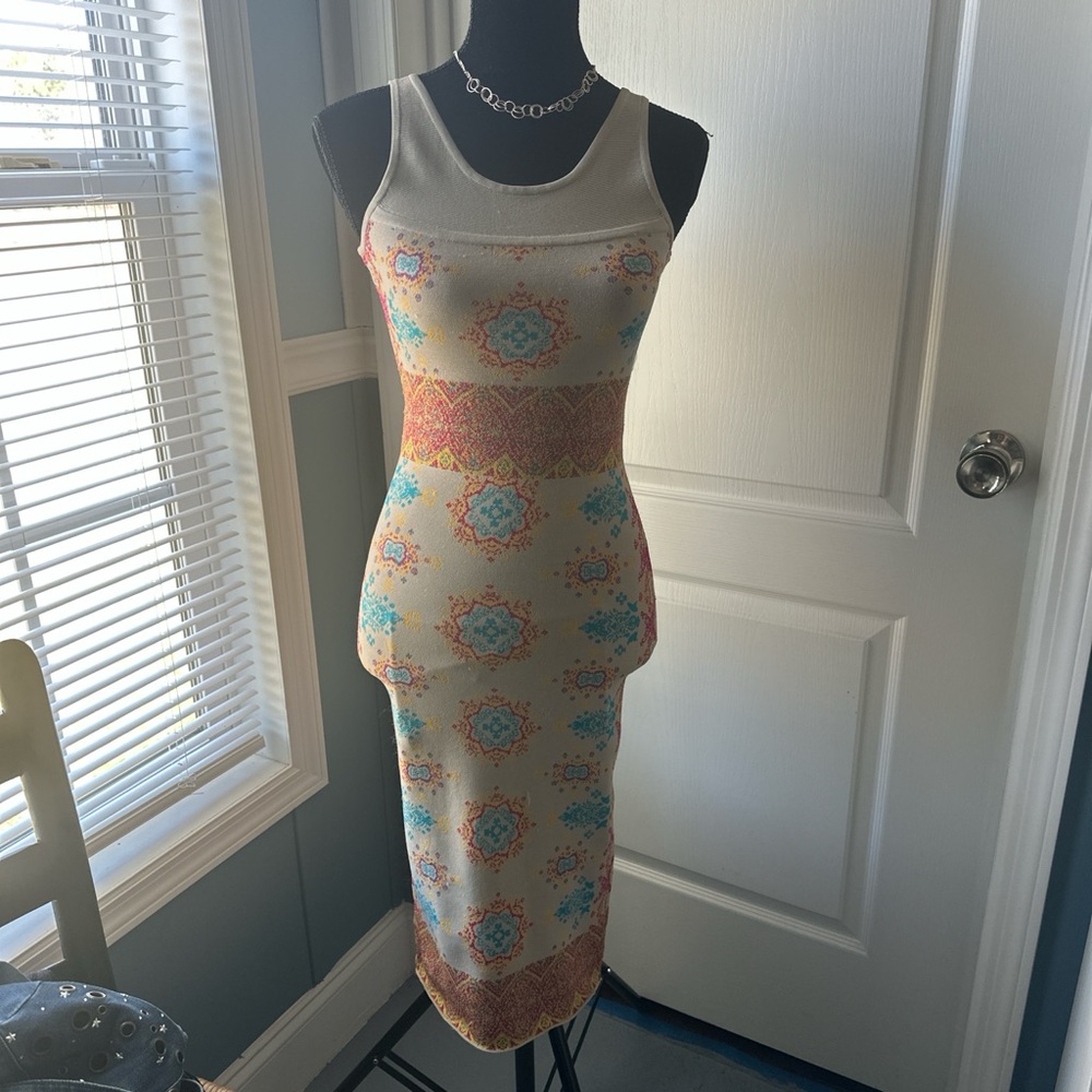 bebe Beige Maxi Dress with Turquoise & Orange Medallion Print